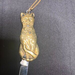 Vintage/Antique Brass Cat Pocket Knife Pendant Necklace